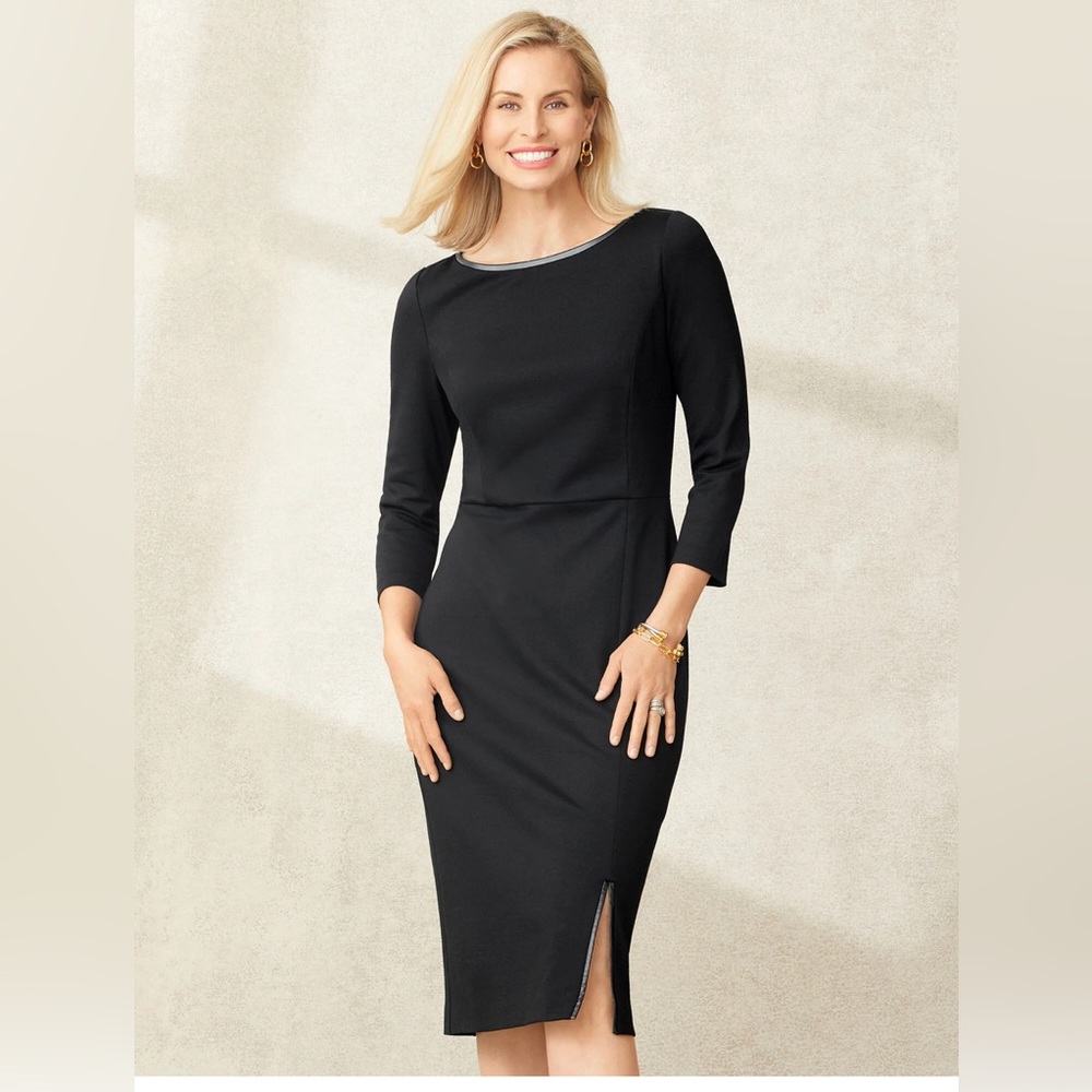 TALBOTS TIPPED PONTE KNIT SHEATH DRESS FAUX LEATHER TRIM